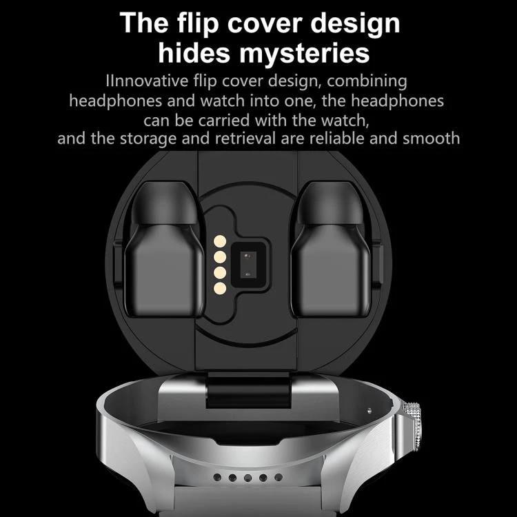 Smart Watch with Earphones for Daily Use and Connectivity showing flip-cover storage design with earbuds docked in watch