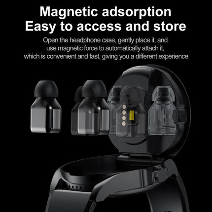 Smart Watch with Earphones for Daily Use and Connectivity showing magnetic earbud case stored in watch charger