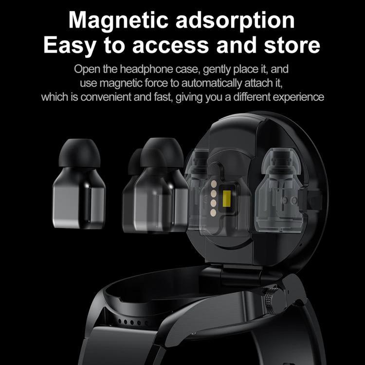 Smart Watch with Earphones for Daily Use and Connectivity showing magnetic earbud case stored in watch charger