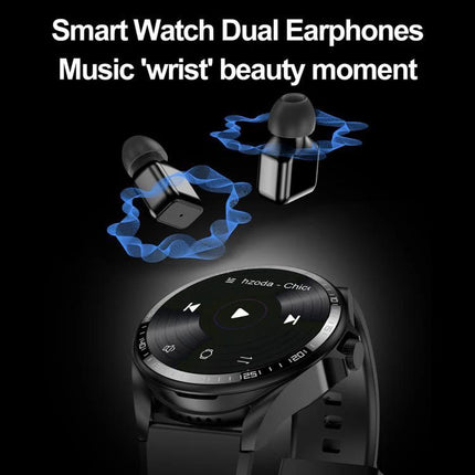 Smart Watch with Earphones for Daily Use and Connectivity - black smartwatch and dual Bluetooth earphones showing music controls and pairing