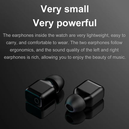 Smart Watch with Earphones for Daily Use and Connectivity showing compact black earbuds alongside smartwatch charging case on dark background