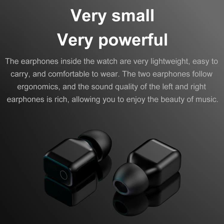 Smart Watch with Earphones for Daily Use and Connectivity showing compact black earbuds alongside smartwatch charging case on dark background