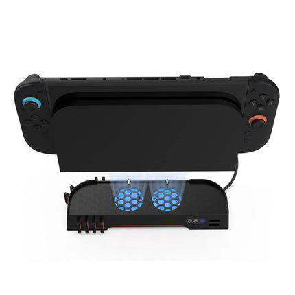 Keep Your Nintendo Switch Cool With DOBE Charging Base showing docked Switch with dual cooling fans and charging cable