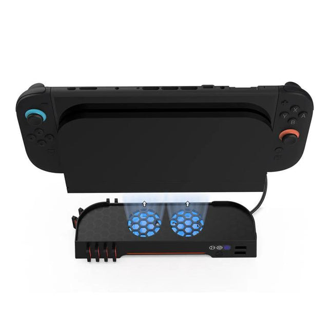 Keep Your Nintendo Switch Cool With DOBE Charging Base showing docked Switch with dual cooling fans and charging cable