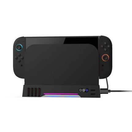 Keep Your Nintendo Switch Cool With DOBE Charging Base shown cooling and charging a Switch docked on a desk