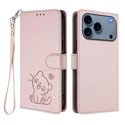 Embossed Leather Phone Case With Hand Strap For Daily Use - pink PU wallet case with hand strap, card slots, and cute cat embossing