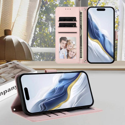 Embossed Leather Phone Case With Hand Strap For Daily Use - pink folio with card slots, photo ID window and hands-free stand