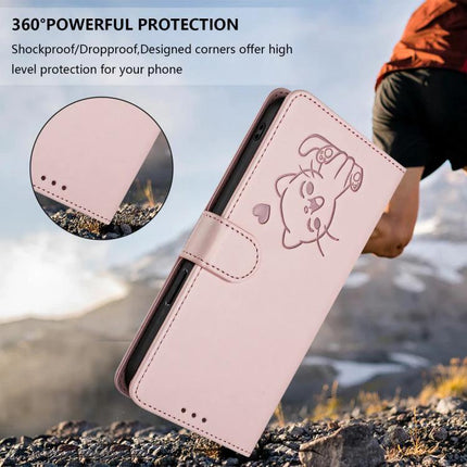 Embossed Leather Phone Case With Hand Strap For Daily Use - pink slim PU wallet with hand strap, card slots and embossed cat design