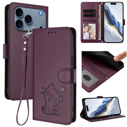 Embossed Leather Phone Case With Hand Strap For Daily Use - purple PU wallet case with hand strap, card slots, kickstand and embossed cat design