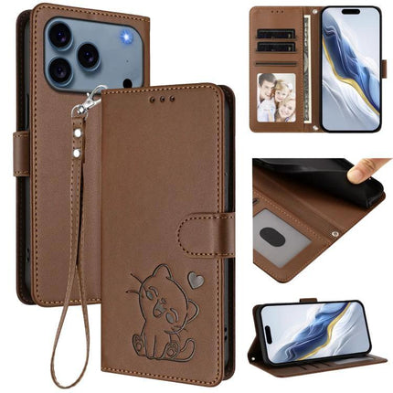 Embossed Leather Phone Case With Hand Strap For Daily Use slim brown PU wallet case with hand strap card slots and cat embossing