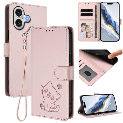 Embossed Leather Phone Case With Hand Strap For Daily Use – pink PU wallet case with hand strap, card slots, cute embossed cat design