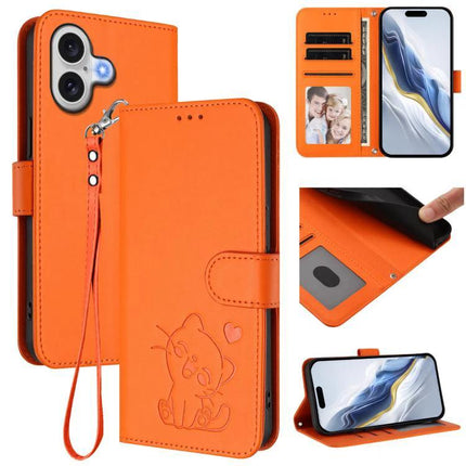 Embossed Leather Phone Case With Hand Strap For Daily Use - orange PU wallet case with hand strap, card slots, kickstand and embossed cat design