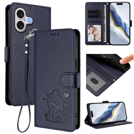 Embossed Leather Phone Case With Hand Strap For Daily Use – navy wallet-style PU TPU case with hand strap, card slots, kickstand and embossed cat design