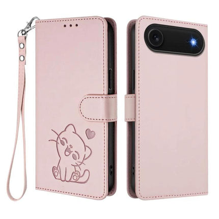 Leather Phone Case With Heart Design For Everyday Protection - pink PU wallet case with cat heart engraving, card slots and hand strap
