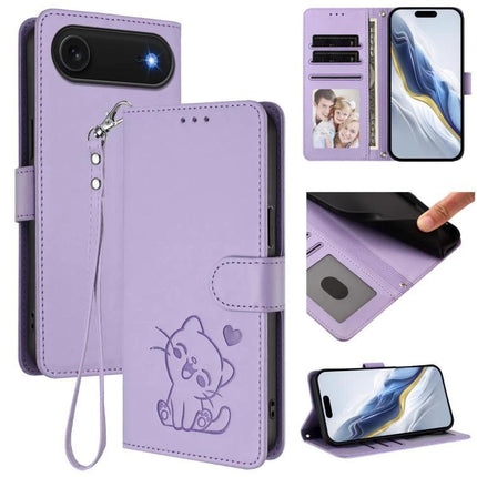 Leather Phone Case With Heart Design For Everyday Protection - slim purple PU wallet case with heart kitten embossed, card slots, cash compartment & hand strap