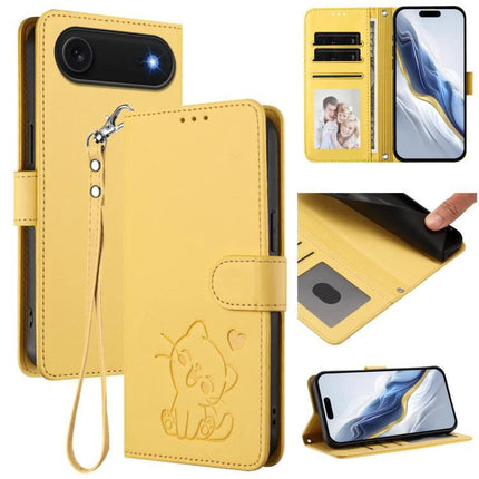 Leather Phone Case With Heart Design For Everyday Protection - yellow PU wallet case with card slots, hand strap, and cat heart embossing