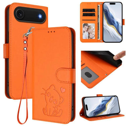 Leather Phone Case With Heart Design For Everyday Protection - orange PU wallet case with card slots, hand strap and embossed heart cat