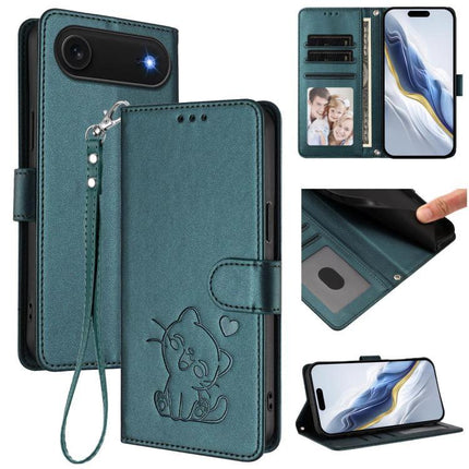 Leather Phone Case With Heart Design For Everyday Protection - teal PU wallet case with card slots, cash compartment, hand strap and embossed heart cat