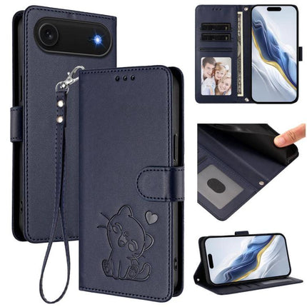 Leather Phone Case With Heart Design For Everyday Protection - navy PU wallet case with card slots, cash pocket, hand strap, embossed heart cat