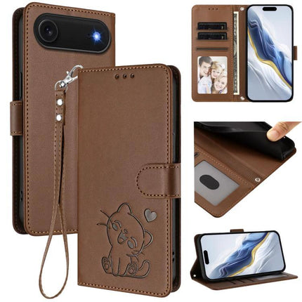 Leather Phone Case With Heart Design For Everyday Protection - brown PU wallet case with card slots, cash pocket, hand strap and embossed cat heart