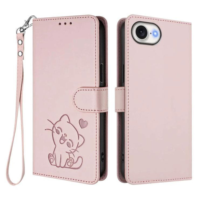Phone Case With Heart And Cat Design Card Slot Wallet - pink wallet case with cat and heart engraving, card slots, wrist strap, slim stand