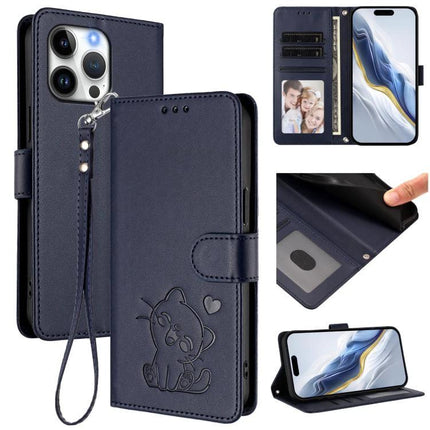 Leather Phone Case With Heart Design For Everyday Protection – navy PU wallet case with embossed cat-heart, card slots, cash compartment and hand strap