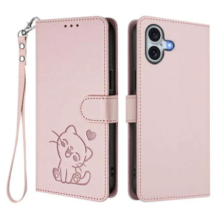 Phone Case With Embossed Cat Design And Card Slots For Everyday Use - pink PU wallet case with embossed cat, card slots, wrist strap, and stand