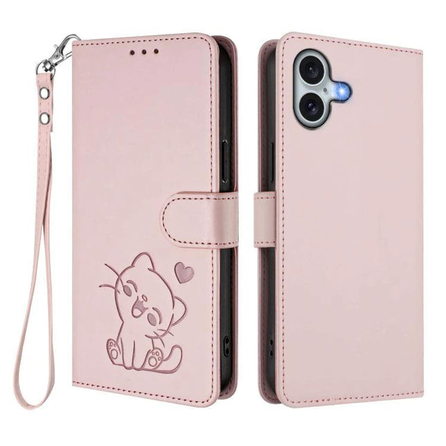 Phone Case With Embossed Cat Design And Card Slots For Everyday Use - pink PU wallet case with embossed cat, card slots, wrist strap, and stand
