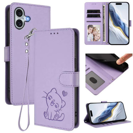 Phone Case With Embossed Cat Design And Card Slots For Everyday Use purple wallet case with wrist strap, card slots, stand function, embossed cat