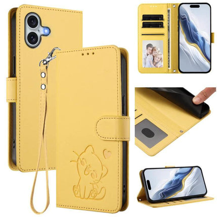 Phone Case With Embossed Cat Design And Card Slots For Everyday Use - yellow PU wallet case with embossed cat, card slots, stand and wrist strap