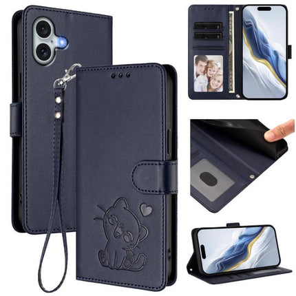 Phone Case With Embossed Cat Design And Card Slots For Everyday Use navy PU wallet case with stand, wrist strap, card slots and cash pocket