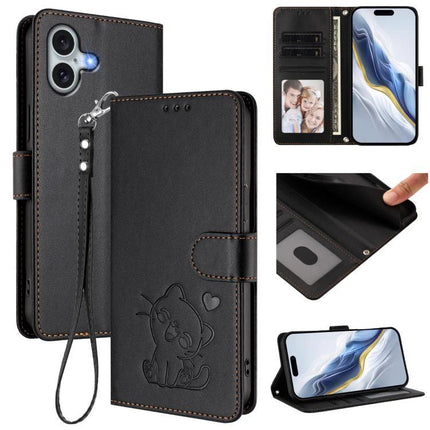Phone Case With Embossed Cat Design And Card Slots For Everyday Use - black PU wallet case with embossed cat, card slots, stand and wrist strap