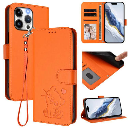 Phone Case With Embossed Cat Design And Card Slots For Everyday Use - orange PU/TPU folio with embossed cat, wrist strap, card slots and stand