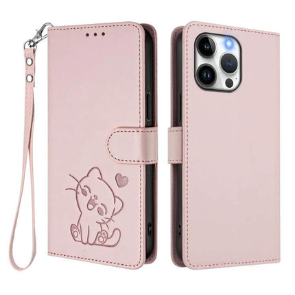 Heart Cat Leather Phone Case For Everyday Use - pink PU wallet case with cat heart design, card slots, cash compartment and wrist strap