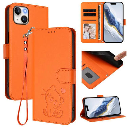 Heart Cat Leather Phone Case For Everyday Use orange PU wallet case with card slots, cash compartment, cat embossing and wrist strap