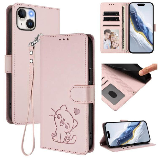 Embossed Heart Cat Leather Phone Case With Card Slot For Daily Carry Everyday Use - pink PU wallet case with embossed cat, card slots, wrist strap, stand