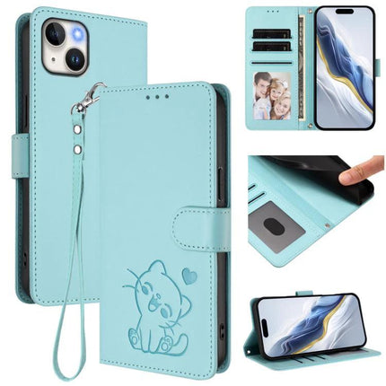 Embossed Heart Cat Leather Phone Case With Card Slot For Daily Carry Everyday Use - mint blue wallet case with cat design, card slots, stand and wrist strap
