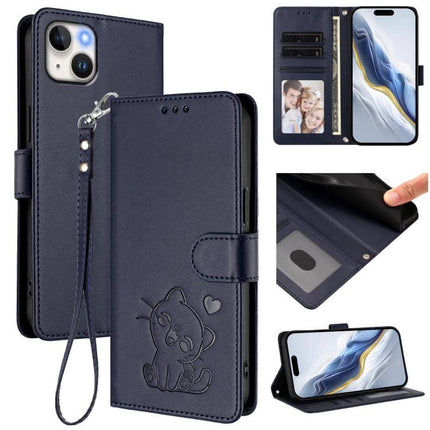 Embossed Heart Cat Leather Phone Case With Card Slot For Daily Carry Everyday Use - navy blue wallet folio with embossed cat, card slots, stand and wrist strap