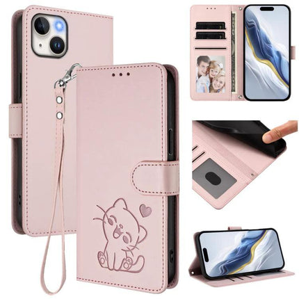 Leather iPhone Case With Strap For Daily Use - pink PU wallet case with hand strap, card slots, stand and cute cat embossing
