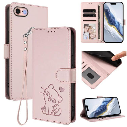 Embossed Cat Heart Leather Phone Case With Card Slot For Everyday Protection Daily Use - pink wallet folio with cat heart embossing, card slots, wrist strap, stand