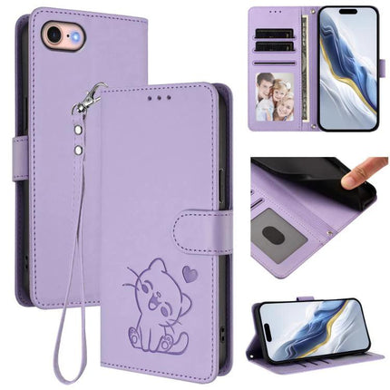 Embossed Cat Heart Leather Phone Case With Card Slot For Everyday Protection Daily Use - lavender wallet case with cat heart design, card slots, stand, wrist strap