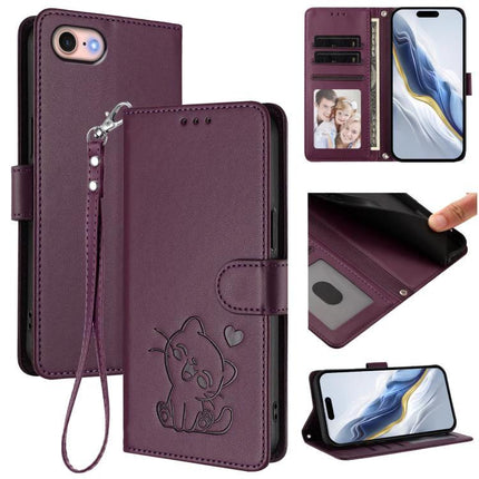 Embossed Cat Heart Leather Phone Case With Card Slot For Everyday Protection Daily Use - purple wallet folio with cat heart embossing, card slots, wrist strap