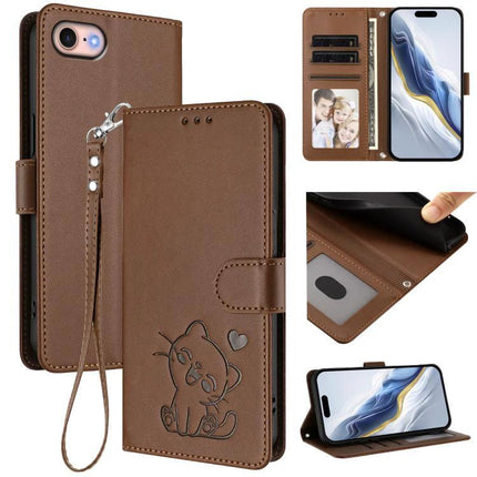 Embossed Cat Heart Leather Phone Case With Card Slot For Everyday Protection Daily Use - brown wallet case with card slots, wrist strap and stand