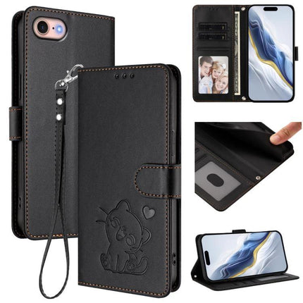 Embossed Cat Heart Leather Phone Case With Card Slot For Everyday Protection Daily Use - black wallet folio with embossed cat, card slots, stand and wrist strap