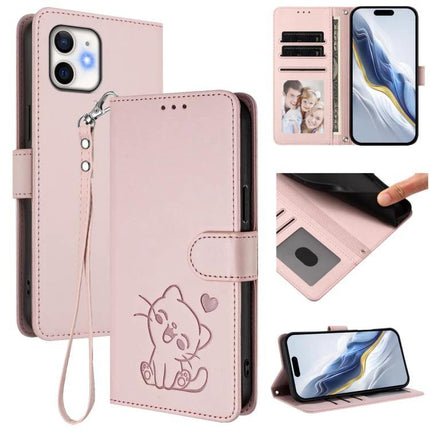 Leather Phone Case With Strap For Everyday Use - pink wallet folio with hand strap, card slots, stand, and embossed cat design