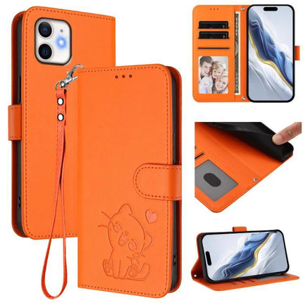 Leather Phone Case With Strap For Everyday Use orange folio wallet with hand strap, card slots, stand and embossed cat design