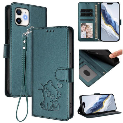 Essential Phone Case With Card Storage teal PU wallet case with wrist strap, built-in card slots and cute embossed cat design