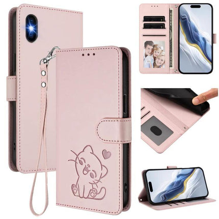 Cat Embossed Leather Phone Case With Card Slots in pink PU leather wallet with cat design, wrist strap, card slots and stand feature