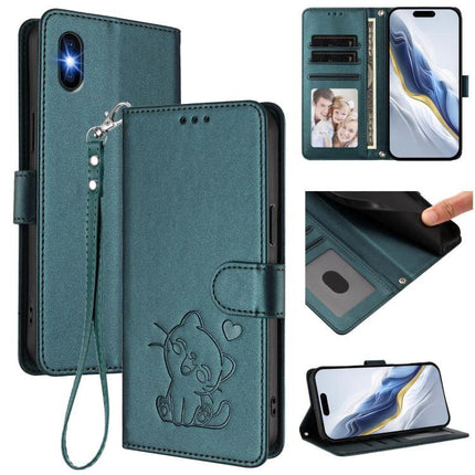 Cat Embossed Leather Phone Case With Card Slots in teal PU leather with wrist strap, card slots, ID window and stand function