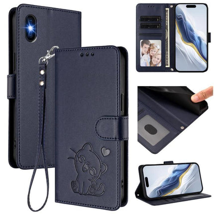 Cat Embossed Leather Phone Case With Card Slots - navy PU leather wallet case with cat embossing, wrist strap, multiple card slots and kickstand